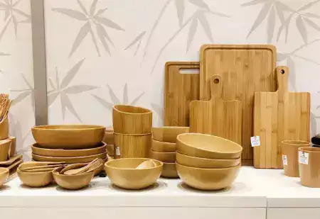 EcoChefBamboo kitchen showcase displaying our premium bamboo kitchenware collection including serving spoons, cutting boards, and utensils beautifully arranged in a modern Indian kitchen setting
