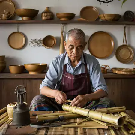 Master craftsman Kevichüsa from Nagaland demonstrating traditional bamboo carving techniques using hand-forged tools in our Kohima workshop