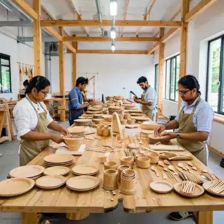 Interior view of traditional bamboo workshop in Kohima showing organized workstations, bamboo storage areas, and artisan tools arranged for efficient production