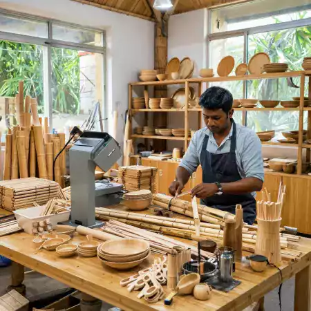 Collection of traditional artisan tools and equipment used for bamboo crafting including hand chisels, knives, and specialized cutting implements