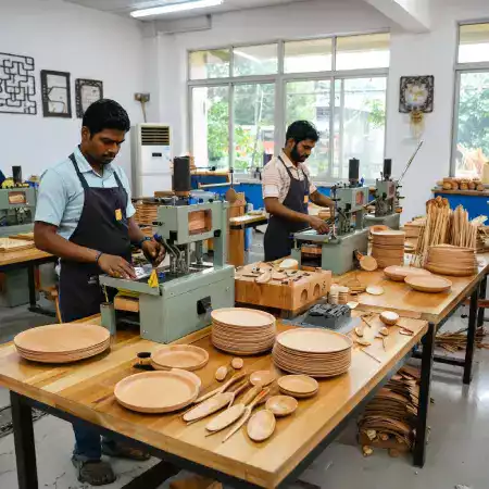 Traditional bamboo workshop interior in Kohima, Nagaland showing skilled artisans crafting sustainable kitchenware using age-old techniques