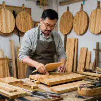 Vikho, expert in handcrafted bamboo cutting boards, stands in Dimapur workshop with finished products