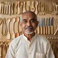 Portrait of Achüla, a recent graduate specializing in bamboo serving utensils from Kohima, smiling proudly in workshop