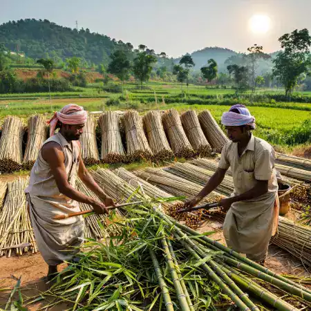 Sustainable bamboo harvesting process in Nagaland forests where mature bamboo stalks are carefully selected and cut using traditional methods