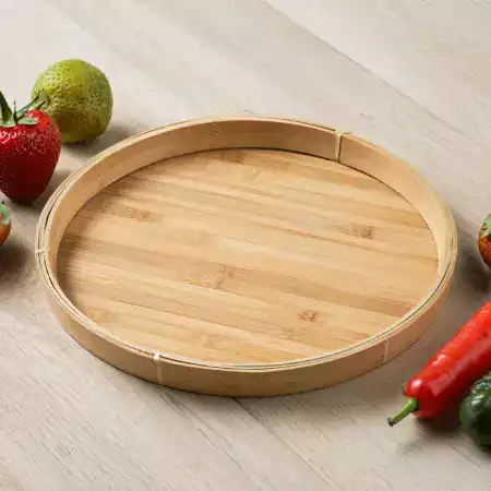 EcoChefBamboo round bamboo serving tray with natural finish, perfect for serving snacks, tea, and festive gatherings in Indian homes